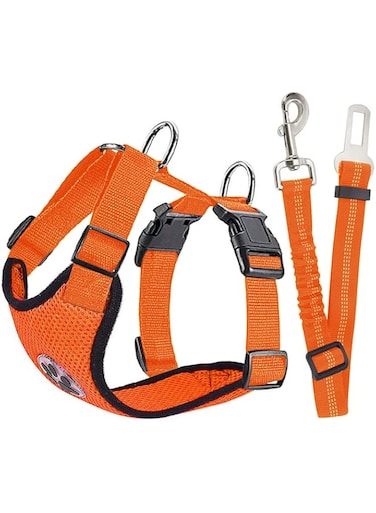 Hysami Dog Car Harness Set, Pet Vest Harness with Safety Seat Belt + Adjustable Elastic Strap for Trip (XS, Orange)