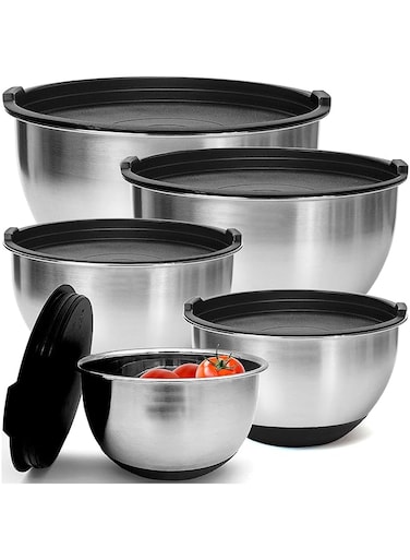 FGOGO Mixing Bowl Set of 5, Stainless Steel Salad Bowl with Black Airtight Lids &amp; Non-Slip Silicone Base, Salad Metal Nesting Bowls for Kitchen Baking Serving Prepping and Mixing,1.5/2/3/4/5 Qrt