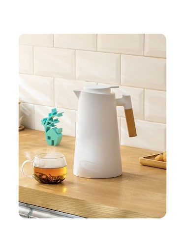 Excefore 34oz Thermal Vacuum Carafe with Glass Liner and Wood Handle - Insulated Coffee Carafe for Hot and Cold Drinks (1 Liter, White)