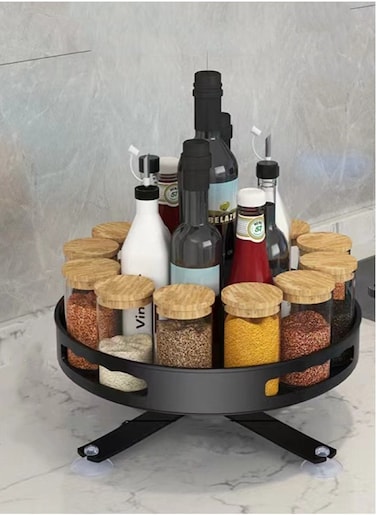 1-Piece Kitchen Rotating Spice Rack Rotating Storage Rack Carbon Steel Black 26x9 Centimeter