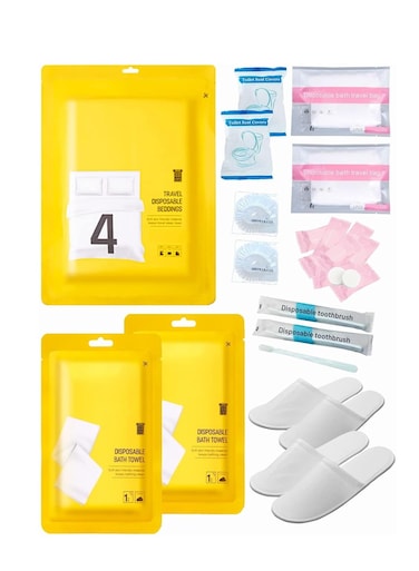 Disposable Travel Set: Bed Sheet&Atilde;&mdash;1+Duvet Cover&Atilde;&mdash;1+Pillow case&Atilde;&mdash;2+Bath Towels&Atilde;&mdash;2+Shower Caps&Atilde;&mdash;10+Plastic Bathtub Bag&Atilde;&mdash;2+Toilet Seat Covers&Atilde;&mdash;2+Compression face Towel&Atilde;&mdash;8+Toothbrushes&Atilde;&mdash;2+Slippers&Atilde;&mdash;2