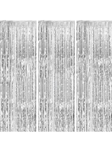 FECEDY 3 Packs 3.2ft x 6.6ft Silver Metallic Tinsel Foil Fringe Curtains Photo Booth Props for Birthday Wedding Engagement Bridal Shower Baby Shower Bachelorette Holiday Celebration Party Decorations