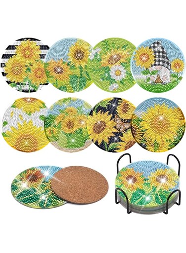 ChicAbode 8PCS Diamond Painting Coaster with Holder, Summer Sunflowers Diamond Painting Art Coasters Kit, DIY Drink Coasters with Cork Base Diamond Art Painting Coaster Kit for Adults Kids Beginners
