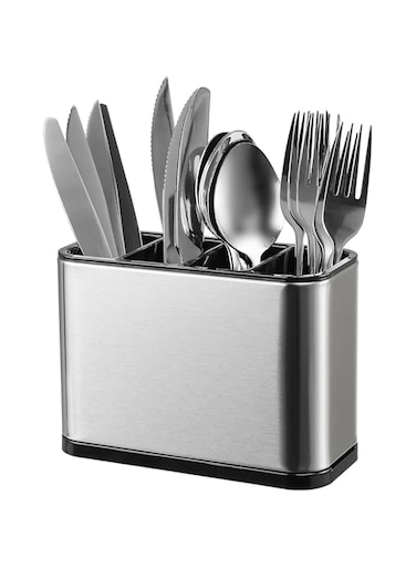 VIO&reg; 4 Compartments Large Stainless Steel Cooking Utensil Holder Rust Proof Utensil Crock Caddy with Anti Skid Foot Drainer Cutlery Organizer Kitchen Rack Basket Spoon Fork Chopsticks Knife Stand