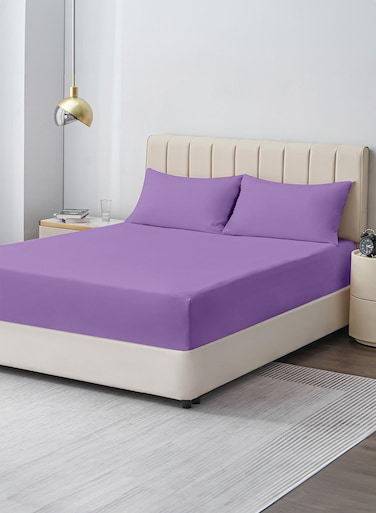 Linen Double Plain Fitted Elastic Bedsheet with 2 Pillow Case 160 x 200 Cm Lavender