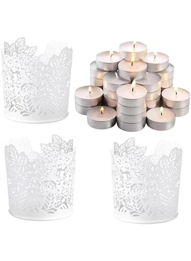 LUKADAH Elegant Birds Leaves Patterned Tealight Candle Holders &amp; Smokeless Candles - Decorative Shadow Metal Decor - Set of 3 Holders and 50 Long-Burning Tealights