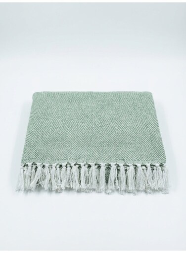 130 x 160 cm Woven Wooly Cotton Knitted Throw Blanket Sage Green Cozy Boho Fringed Decorative Cover for Couch Sofa and Bed 400GSM
