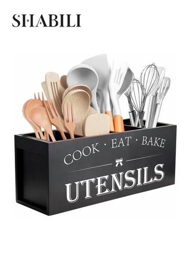 Wooden Kitchen Utensil Holder, Rustic Farmhouse Organizer Cutlery Holder Caddy for Families, Cooks and Baking Lovers, Large Countertop Storage with Removable Dividers and Gift Ready Design (Black)
