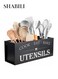Wooden Kitchen Utensil Holder, Rustic Farmhouse Organizer Cutlery Holder Caddy for Families, Cooks and Baking Lovers, Large Countertop Storage with Removable Dividers and Gift Ready Design (Black)