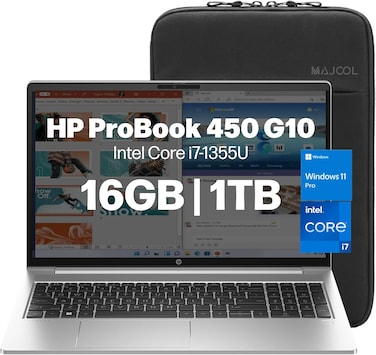 HP لابتوب برو بوك 450 G10 للاعمال بشاشة FHD 15.6 انش للمنزل والاعمال، انتل i7 1355U (10 كور)، ذاكرة RAM 16GB، SSD 1TB، كاميرا ويب، كيبورد باضاءة خلفية، واي فاي 6، ويندوز 11 برو HP (اوبجراد)