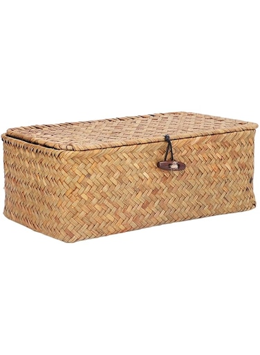 Zudoo Seagrass Baskets, Handwoven Seagrass Storage Bins with Lid, Multipurpose Rectangular Shelf Baskets, Household Boxes with Buckle, Small Rustic Container for Shelves Organizing (S)