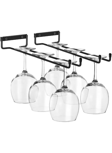 Glass Holder, 12-Inch Wall Mounted Glass Rack, Under Cabinet Organizer for Home and Kitchen, Holds Up to 8 Stemware Glasses Total (2 Pack)