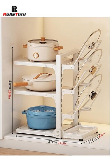 Multifunctional 3-Tier Adjustable Pot and Pan Organizer Rack, Floor Standing Pot Rack for Cabinet, Pot Lid Holders with Drain Tray, White