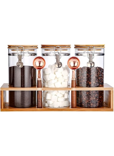 GURUDAR Airtight Storage Glass Jars with Bamboo Clamp Lids, Sealed Glass Coffee Bean Canisters with Display Rack &amp; Spoons, Clear Glass Container for Tea, Sugar, Candy, Oats, 40 FLoz,Pack of 3