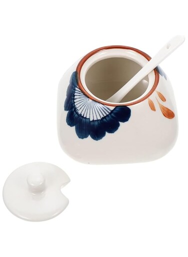 . Ceramic . Jar with Lid and Spoon, Ceramic Storage Canisters, Condiment Jars Spice Container Salt Spice . Box, Multi- Function Ceramic Jar Salt Bowl
