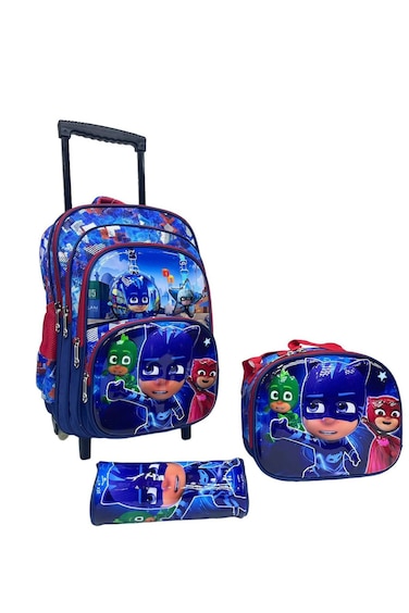 Kids School Trolley Backpack Set, 3 Pieces, 16.5 Inch Rolling Bag with Lunch Box and Pencil Case (Blue Red Cartoon, 16.5 Inch)