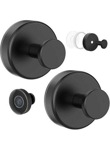 JYiyTGyh No-Drill Hooks, 2pcs Waterproof Suction Cup Hooks, Stainless Steel Vacuum Suction Cup Hooks for Shower Bathroom Kitchen Glass Door Mirror Hanging Towels, Black
