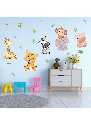 AnFigure Jungle Safari Animals Wall Stickers Elephant Monkey Giraffe Zebra Hippo Wall Decals Kids Baby Boys Girls Room Nursery Playroom Wall Sticker Childrens Babies Toddlers Neutral Palm Leaf Crib