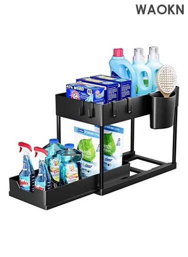 1 Pack Under Sink Organizers and Storage Pull Out Sliding Drawer, 2 Tier Multi-purpose Kitchen Under the Sink Organizer Under Bathroom Sink Shelf Storage Rack for Countertop Laundry Multi Purpose Storage Shelf -Black
