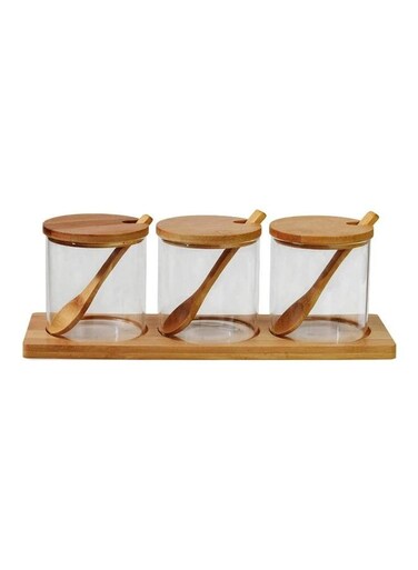 3-Piece Glass Jars With Bamboo Lids and Wooden Spoon Brown/Clear