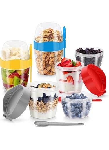 4 Packs 870ml Overnight Oats Containers with Lids and Spoons, 30 oz Reusable Plastic Breakfast Jars With Partitions, Large Capacity Airtight Jars for Milk, Cereal, Fruit