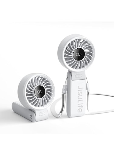 JISULIFE Handheld Fan Life7,2024 Powerful Portable Fan with LED Display,[19.5Hrs Max Cooling]5000mAh,150&deg;Folded,5 Speeds,Lanyard; 3-IN-1 Hand/Desk/Neck Fan, Summer Essentials Fan for Travel,Lash(Grey)