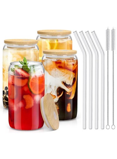 HOME Can Shaped Drinking Glass Cups with Straws 16oz Iced Coffee Glasses Tumbler Cup Clear Water Bottle Set of 4