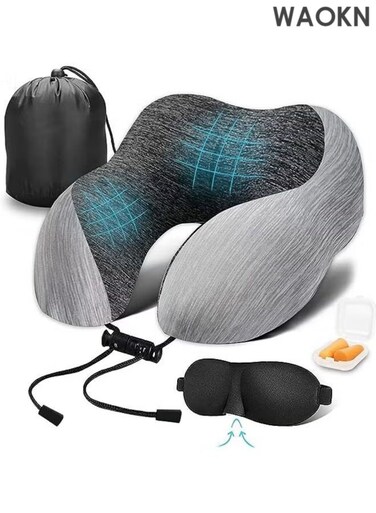Travel Pillow 100% Memory Foam Pillow, Neck Pillow for Airplane, Neck &amp; Head Support Pillow for Sleeping Rest &amp; Car, Travel Pillows Kit with Storage Bag, Sleep Mask and Earplugs &iuml;&frac14;&circ;Grey&iuml;&frac14;&permil;
