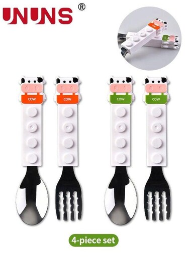 4-Piece Cutlery Sets,Portable Tableware Spoon And Fork Set,Interlocking Block Kid Stainless Steel Building Blocks Utensils Set Dairy Cattle