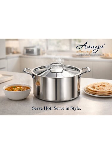 Homecraft Premium Large Tri-Ply Stainless Steel Casserole Dish with Lid 22cm &acirc;&euro;&ldquo; Heavy-Duty Silver Cooking &amp; Serving Pot with Side Handles for Curries, Rice &amp; Family Meals
