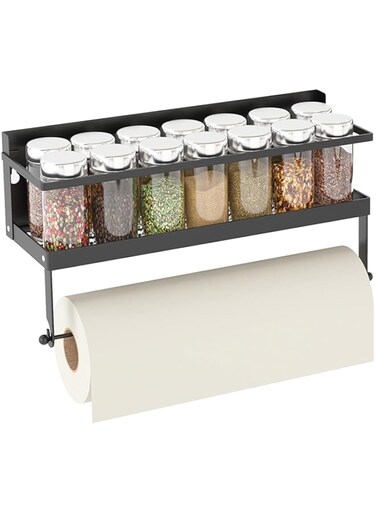 Sleclean Magnetic Spice Rack Organizer for Refrigerator, 1 Pack, Paper Towel Holder Magnetic with Hooks, Multi Use Kitchen Magnetic Shelf, 12.8"x4.3"x6.3", Black