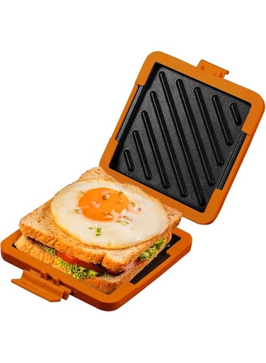 Sandwich Maker, Tasty Mini Toaster, Sandwich Maker, Panini Maker, Non-Stick Breakfast Grilled Cheese Maker, Dishwasher Safe, NO Electricity, Wireless, Fast, Toastie Safe in Microwave Oven, Orange