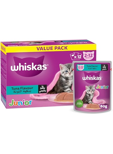 Whiskas Junior Tuna in Jelly, Wet Kitten Food Pack of 12x80g, for Kittens from 2 to 12 months, for a Complete Nutrition
