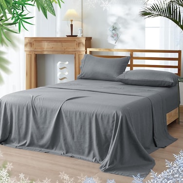 4 Piece 60% Rayon Derived from Bamboo 40% Polyester Cooling Queen Size Bedding Sheet Set, Luxury Silky Soft Breathable for Hot Sleeper, Includes 1 Fitted Sheet (150cm x 200cm) with 40 cm deep pocket,1 Flat Sheet (230cm x 260cm) and 2 Standard Pillowcases (50cm x 75cm), Grey