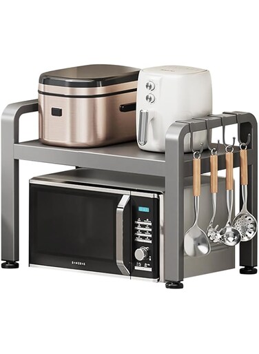 DAYONG Expandable Microwave Oven Rack, Horizontal Extension Microwave Shelf,Adjustable Toaster/Rice Cooker Stand, Kitchen Counter Top Organizer with 6 Hooks (Gray(2-tier))