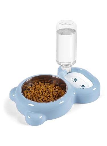 Azwraith Dog Bowls, Cat Food and Water Bowl Set with Water Dispenser and Stainless Steel Bowl for Cats and Small Dogs - Light Blue