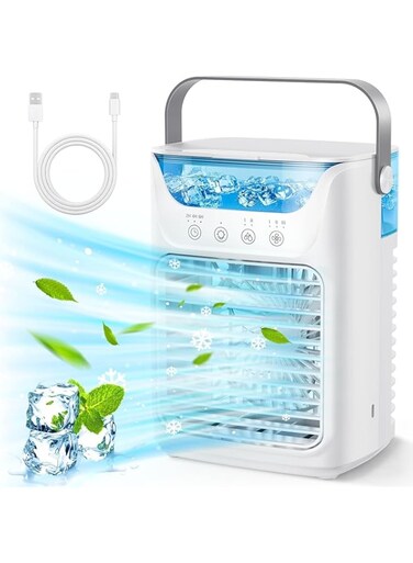 X spring Portable Air Conditioner Cooling Fan, USB Desk Fan 3 Wind Speed 700ml Water Tank, Quiet 7 LED Light 2-10H Timer, Personal Air Cooler, Small Evaporative Air Conditioner Fan