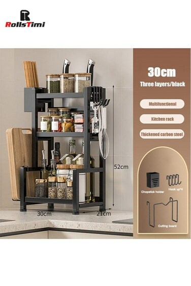 3 Tier Kitchen Organizer with Spice Rack, Knife &amp; Utensil Holder - Powder-Coated Cast Iron Countertop Storage Solution for Seasonings and Essentials