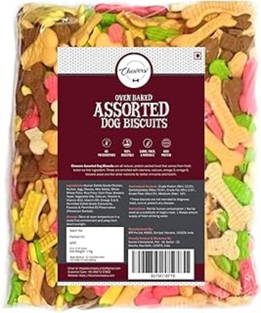 Chewers Oven Baked Assorted Dog Biscuits, Contains Real Chicken, Mutton, Egg, Milk, Cheese &amp; Strawberry, Dog Treat 1 Kg