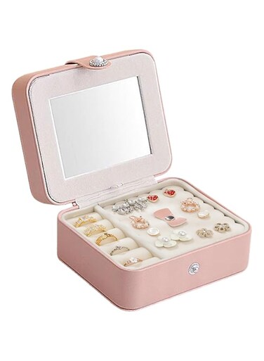 Travel Jewelry Box, PU Leather Small Jewelry Organizer With Mirror For Women Girls, Portable Mini Travel Case Display Storage Holder Boxes For Stud Earrings, Rings, Necklaces, Bracelets (Pink)