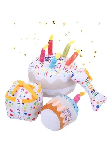 Masroo Dog Birthday Cake Toy,Gift box Toy, Gog Bone Toy - Dog Birthday Girl Boy Gifts, Squeaky Plush Dog Birthday Toy