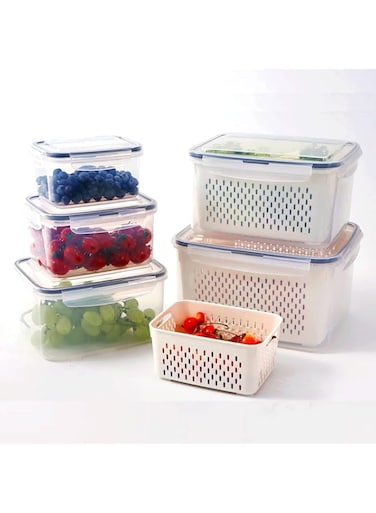 TERRIFI 5 PCS Large Fruit Containers for Fridge - Leakproof Food Storage Containers with Removable Colander - Dishwasher &amp; microwave safe Produce Containers Keep Fruits, Berry