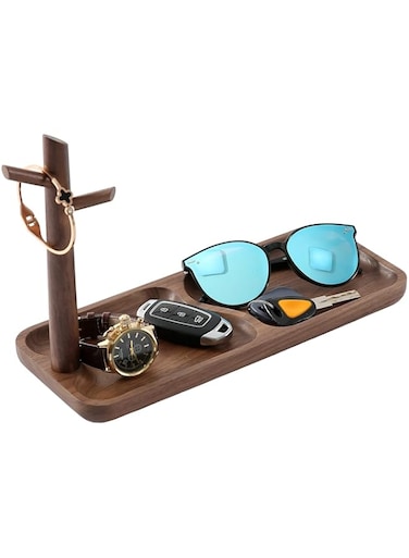 CYQGDKF Walnut Wood Key Tray for Entryway Table, Jewelry Tray, Catchall Tray with 3 Stand Hanging Organizer, for Rings, Phone, Bracelets Watches