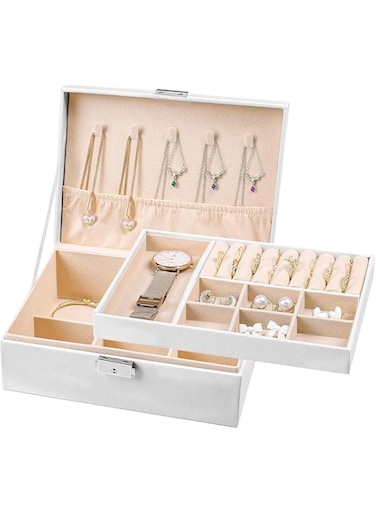 PHCOMRICH Jewelry Box Organizer for Men Women Large Leather Jewelry Storage Case Travel Jewel Holder with Two Layers Display for Necklace Earrings Bracelets Rings (White)