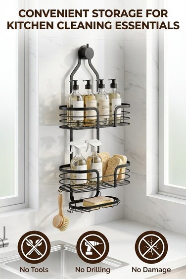 3-Tier Iron Sink Organizer with Hooks, Metal Utility Caddy for Kitchen, Laundry Room, Garage - Heavy Duty Anti-Rust Over Sink Storage Rack for Sponges, Soaps, Brushes, Cleaning Supplies, Space Saving Organizer, Water-Resistant &amp; Sturdy-Black
