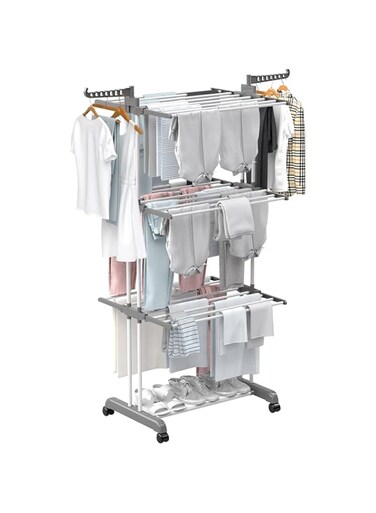 Clothes Drying Rack,Oversized 4-Tier Foldable Stainless Steel Drying Rack Clothing, Movable Drying Rack with 4 castors,Laundry Rack 24 Drying Poles&amp;14 Hooks for Bed Linen,Clothing,Indoor,Outdoor