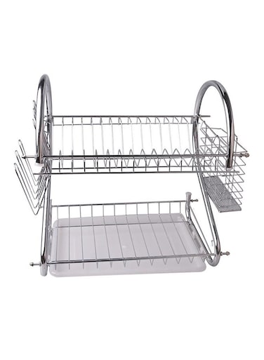 2-Tier Dish Drying Rack With Drain Board Silver/White