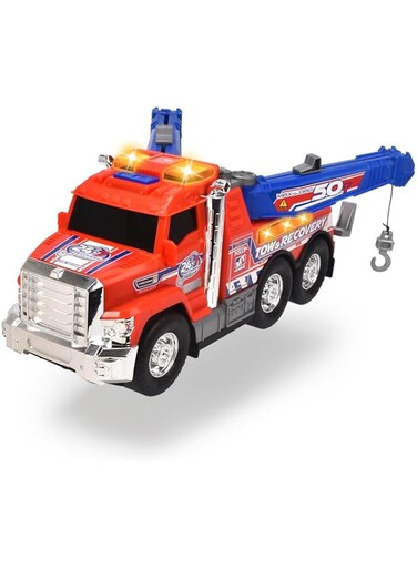 Dickie Toys 203306014 Truck with Tow Bar &amp; Sliding Hook Toy Car with Wheel Light &amp; Sound American Look with Chrome Parts 31.5cm Large Red/Blue