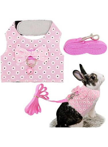 Adjustable Bunny Harness Leash Rabbit Leash Harness with Bell, Bunnie Vest Harness for Rabbit Guinea Pig Walking (Pink, S)