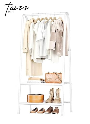 Portable Metal Small Garment Rack, Sturdy Clothing Rack with Double Layer Shelf for Storing Clothes, Shoes, Suitable for Bedroom, Office, Living Room, 24.4 x 13.8 x 62Inches - White